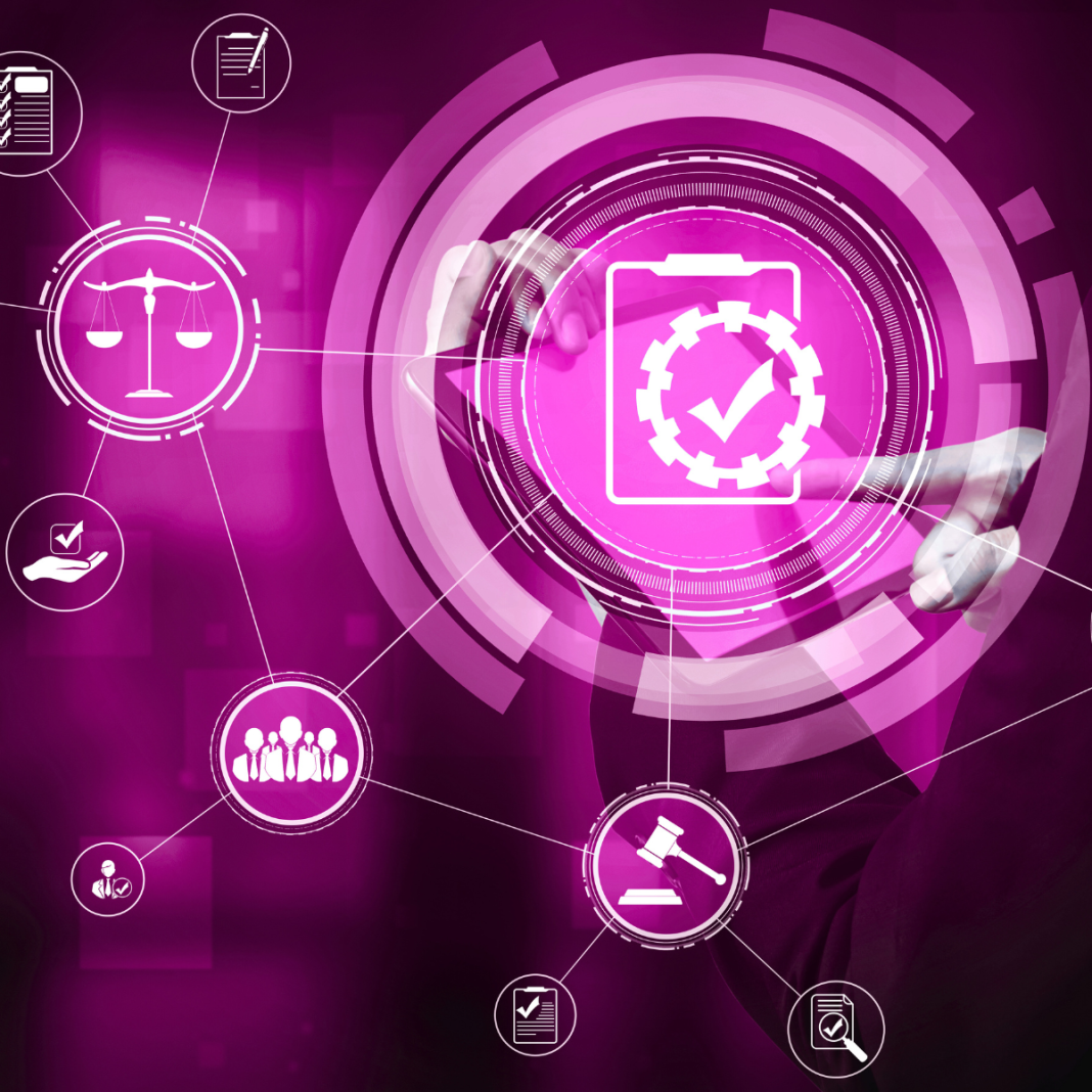 Pink, futuristic digital interface with circular UI elements. In the center is a glowing checkmark inside a square, suggesting verification or approval. On the left is a small icon of balanced scales inside a circle. The background has layered rings and tech-style graphics in bright magenta and purple tones, giving a cyber or AI dashboard vibe.
