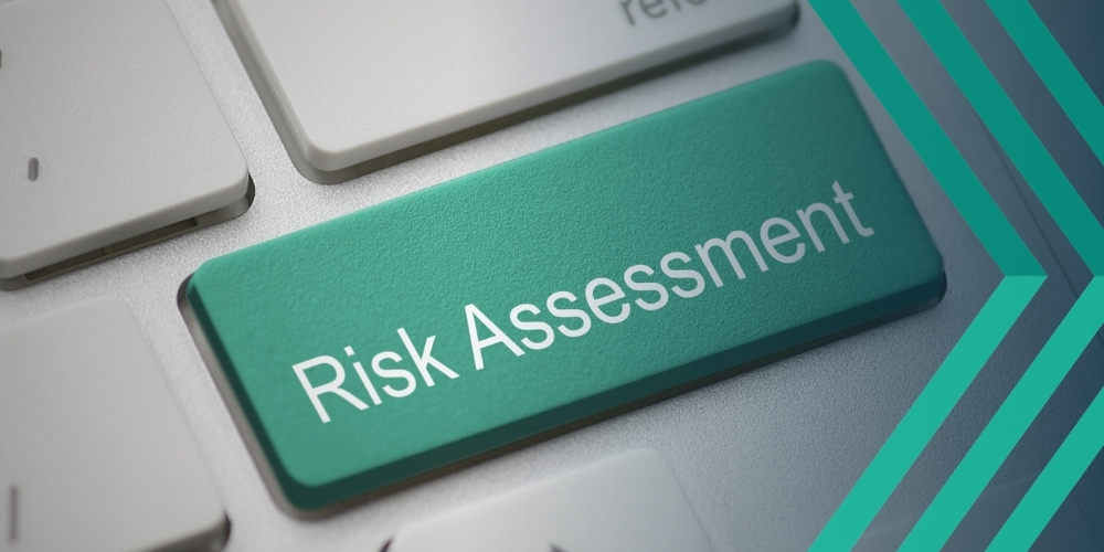 Image of 'shift' keyboard key with 'risk assessment' superimposed, representing article outlining questions for a recruiter risk audit