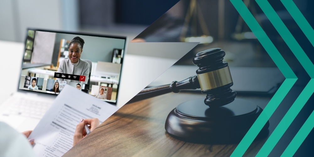 Split image, laptop with video job interview on the right, courtroom gavel on the left. Represents article on how hiring processes can be linked to recruiter risks