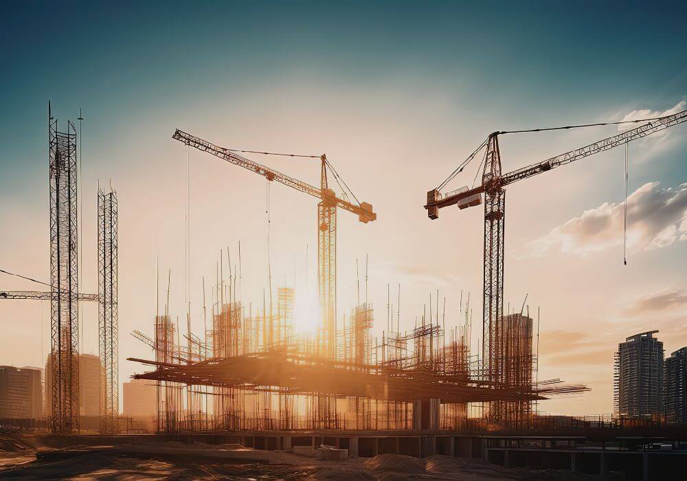 Photo of skyline with construction sites and cranes, representing article on CIS umbrella contractors and the hidden insurance risk to recruiters