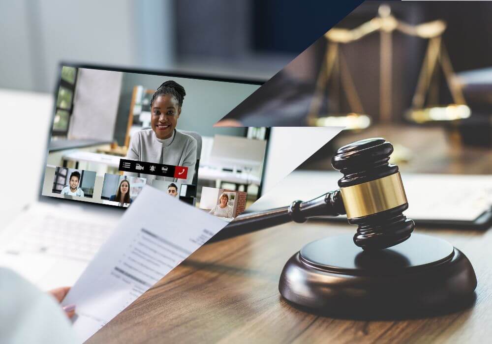 Split image, laptop with video job interview on the right, courtroom gavel on the left. Represents article on how hiring processes can be linked to recruiter risks
